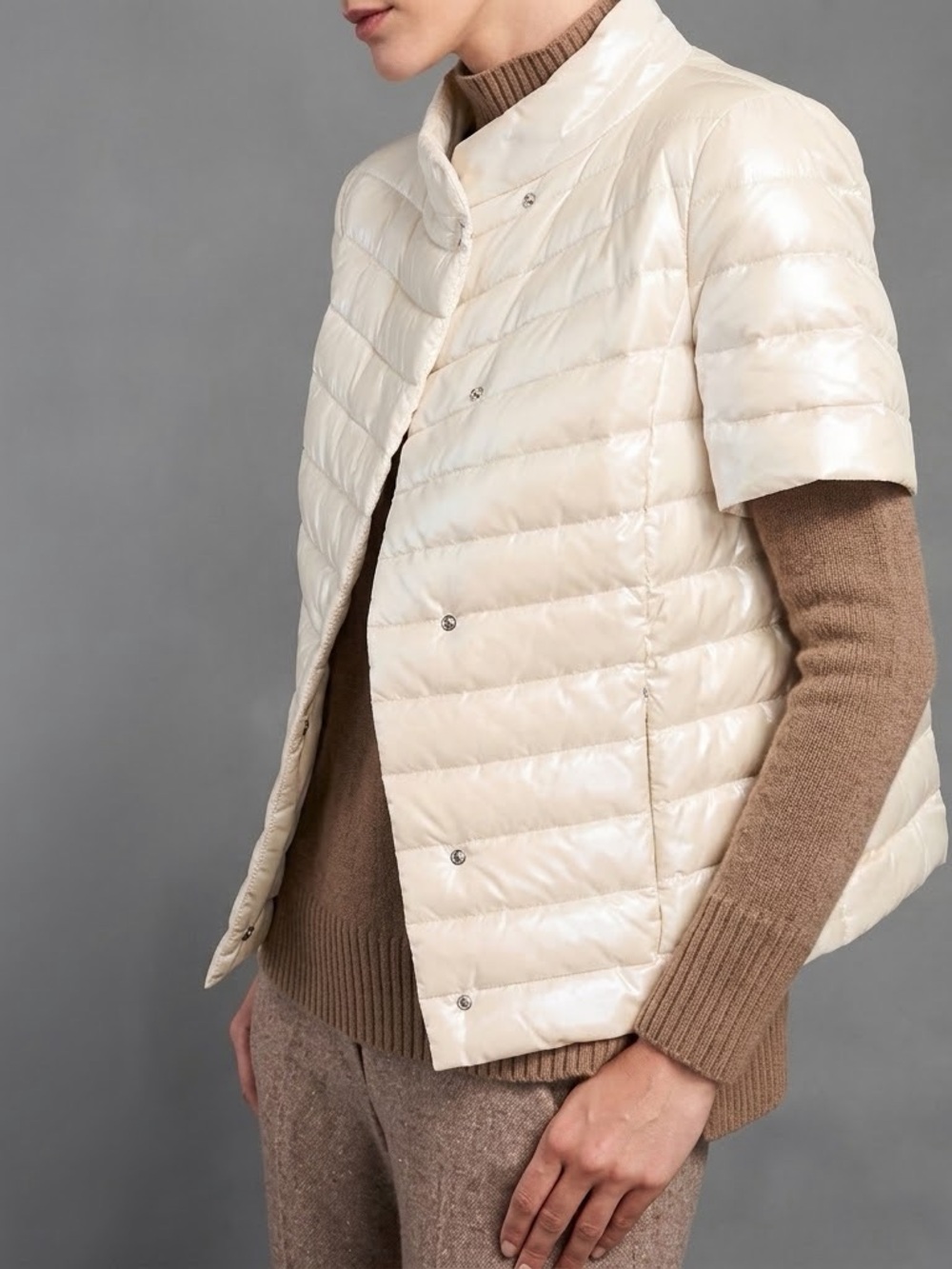 J McLaughlin Off White Metallic Quilted Down Puffer Jacket Short Sleeve Size L